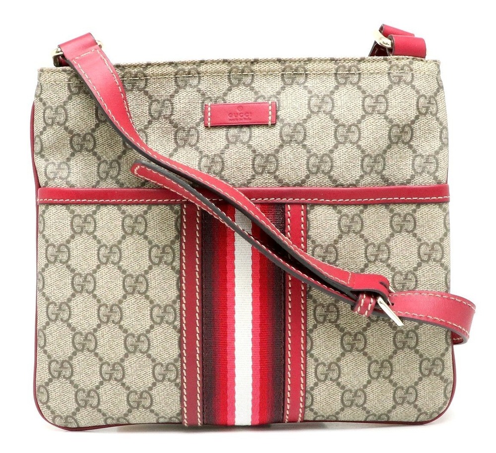 Gucci GG Supreme Crossbody Bag Gusset Leather Beige Brown Cream Red Tones